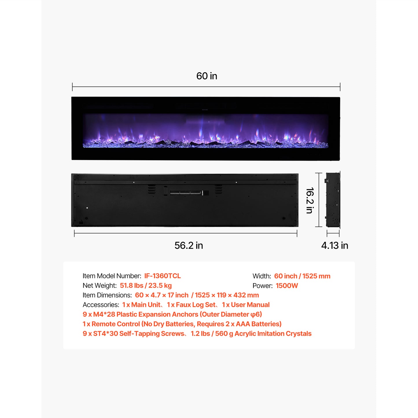 60 in. Electric Fireplace, Recessed Wall Mounted 1500W Heater with Remote, Timer, 12 Flame Colors and Glass Panel