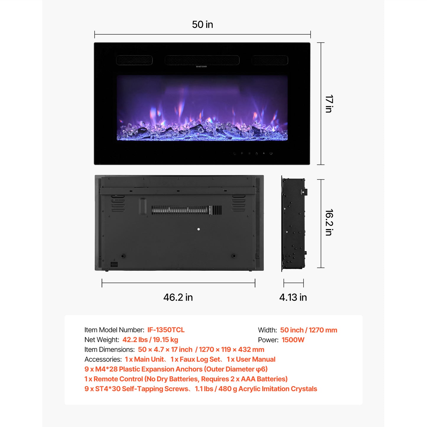 50 in. Electric Fireplace, Recessed Wall Mounted 1500W Heater with Remote, Timer, 12 Flame Colors and Glass Panel