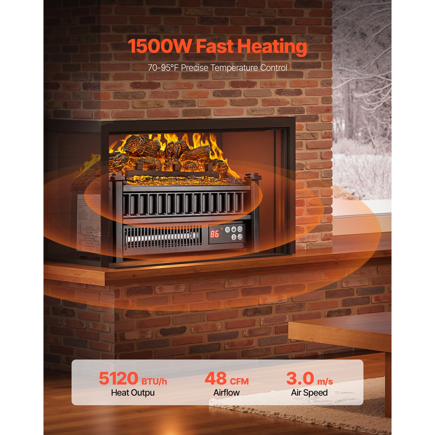 16 in. Electric Fireplace Log Insert, 1500W Infrared Heater, 3D Flame, Compact Mantel Heater
