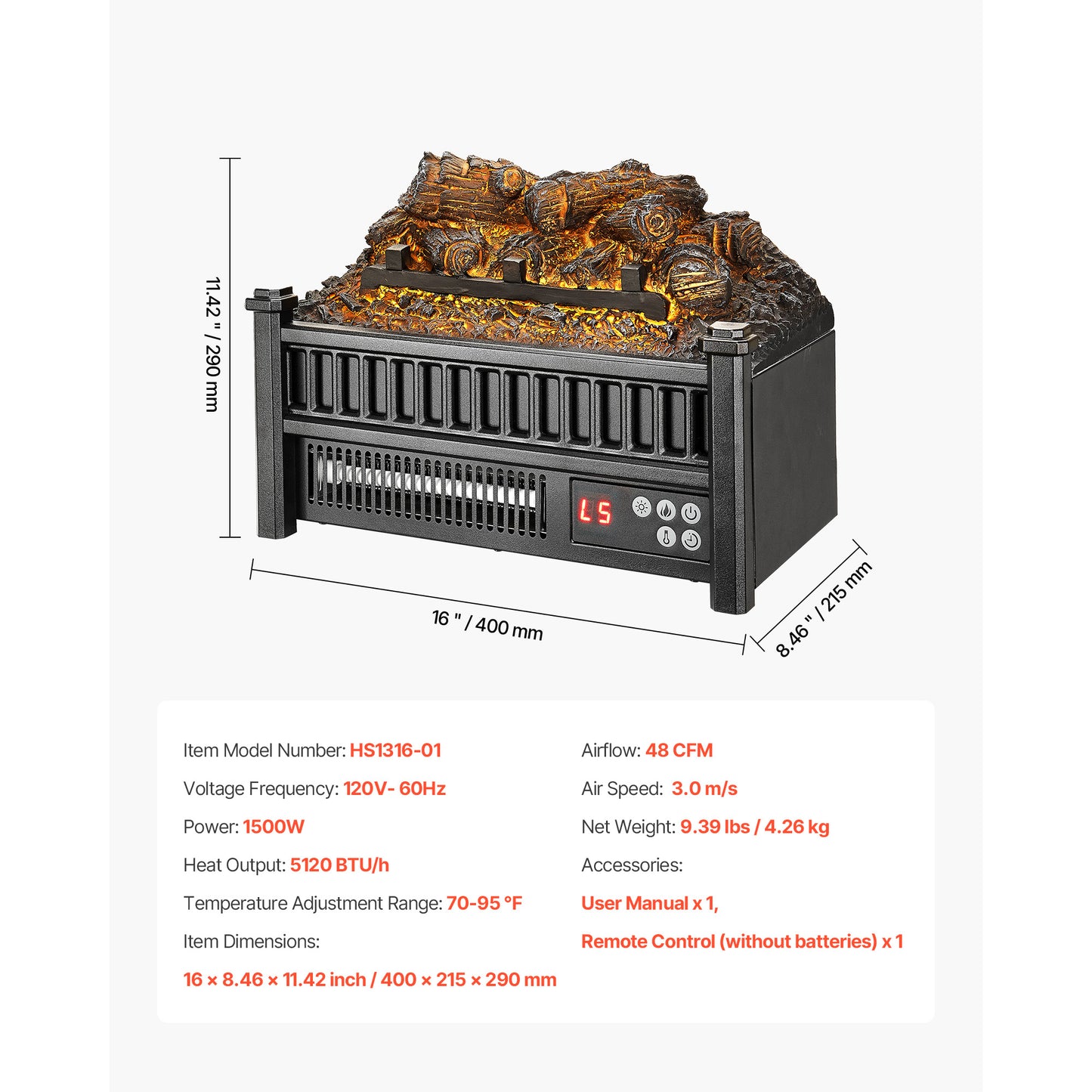 16 in. Electric Fireplace Log Insert, 1500W Infrared Heater, 3D Flame, Compact Mantel Heater
