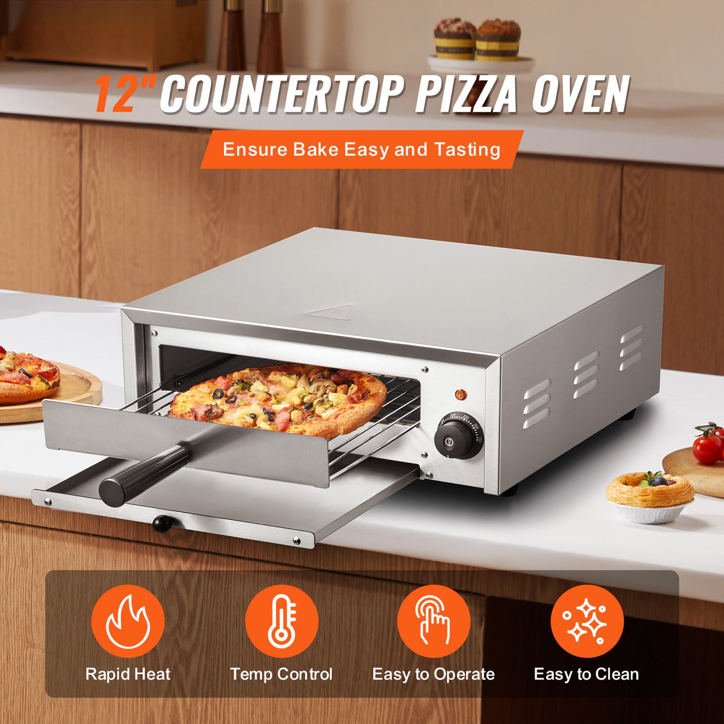 Countertop Electric Pizza Oven 12 in., 1500W, 32 to 572 deg F Stainless Steel Pizza Maker with Crumb Tray