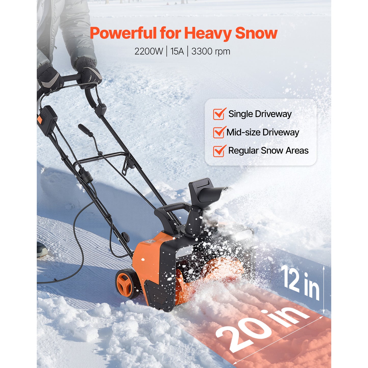 Electric Snow Blower 20 in. 15A Corded Snow Thrower with LED Headlights 180 Degree Chute 25 ft. Throw for Driveway