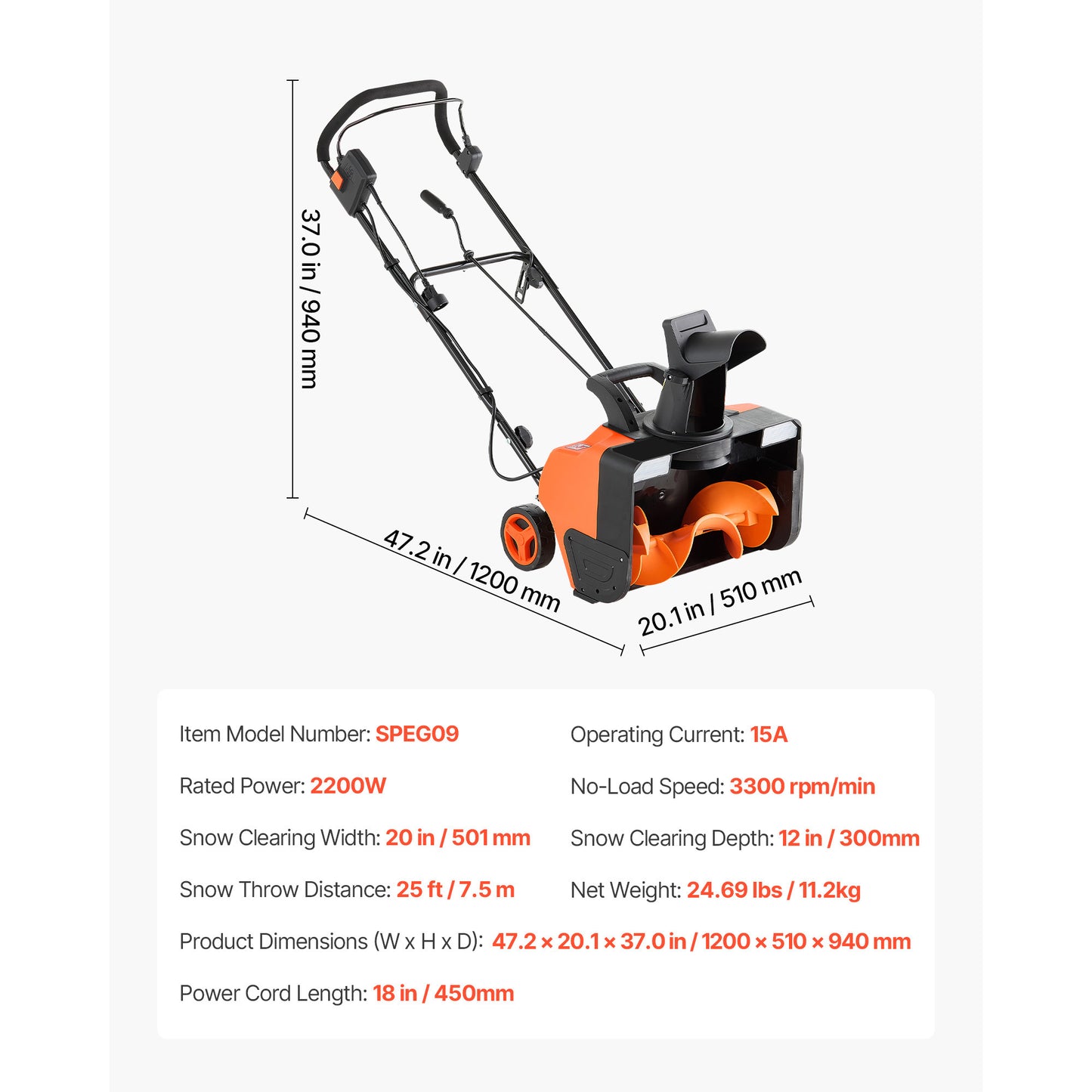 Electric Snow Blower 20 in. 15A Corded Snow Thrower with LED Headlights 180 Degree Chute 25 ft. Throw for Driveway
