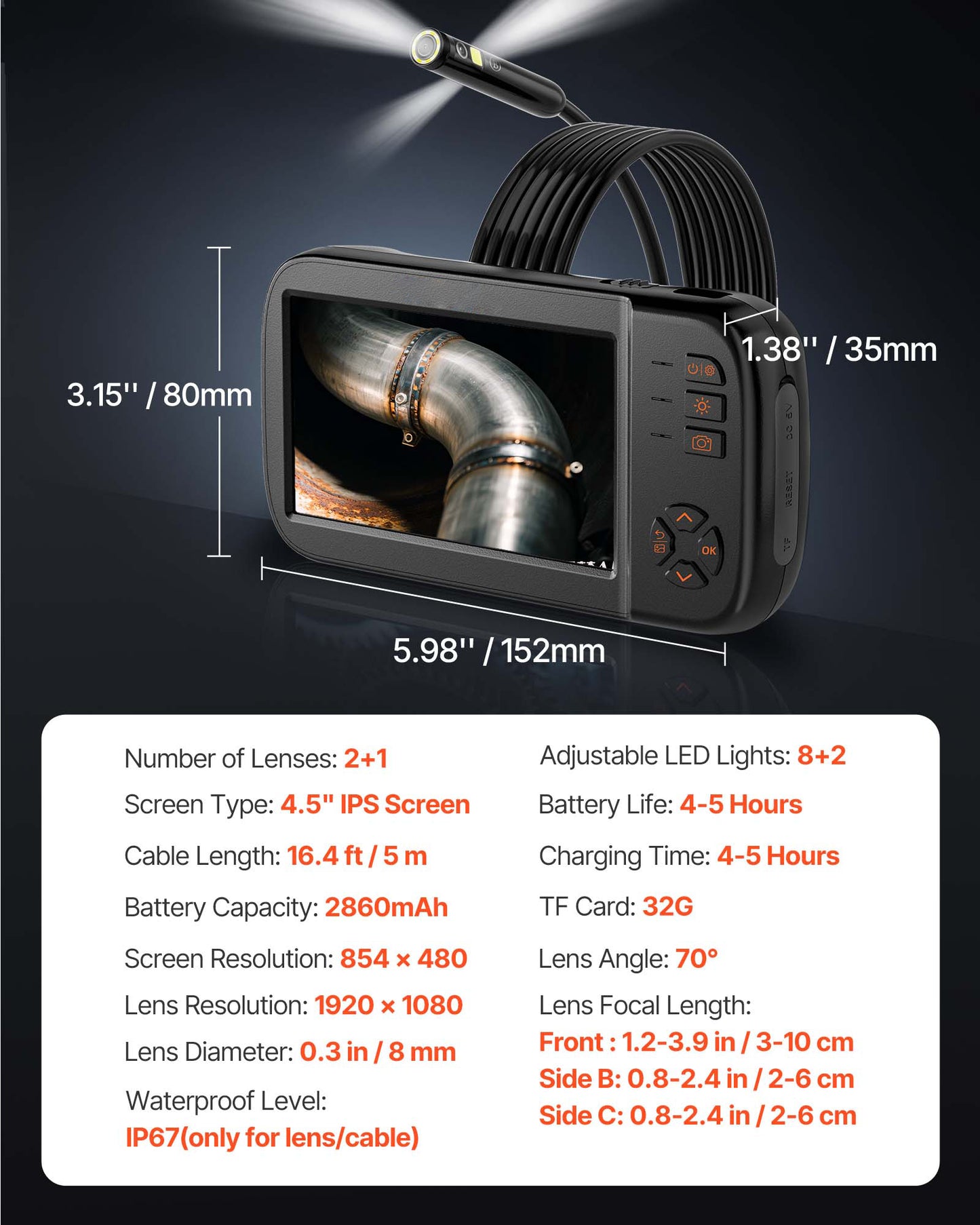 Borescope Camera, Triple Lens Endoscope Camera with Light, 4.5in Screen 1080P Inspection Camera with 10 LED Light, IP67 Waterproof Drain Snake Camera for Auto, Plumbing (16.5FT Cable, 32GB Card)