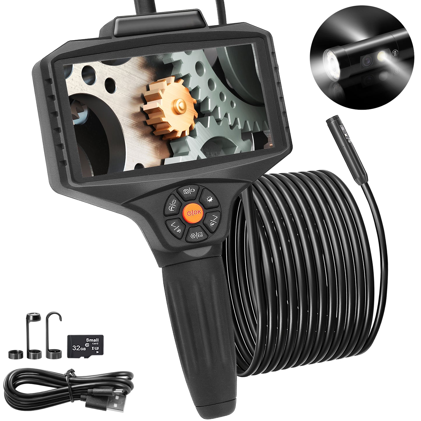 Triple Lens Borescope, 5in IPS Screen Inspection Camera with Lights, 8X Zoom 1080P HD Split Screen, 10 LED Lights Scope Endoscope Camera for Automotive, Plumbing(16.5FT Cable, 32GB Card)