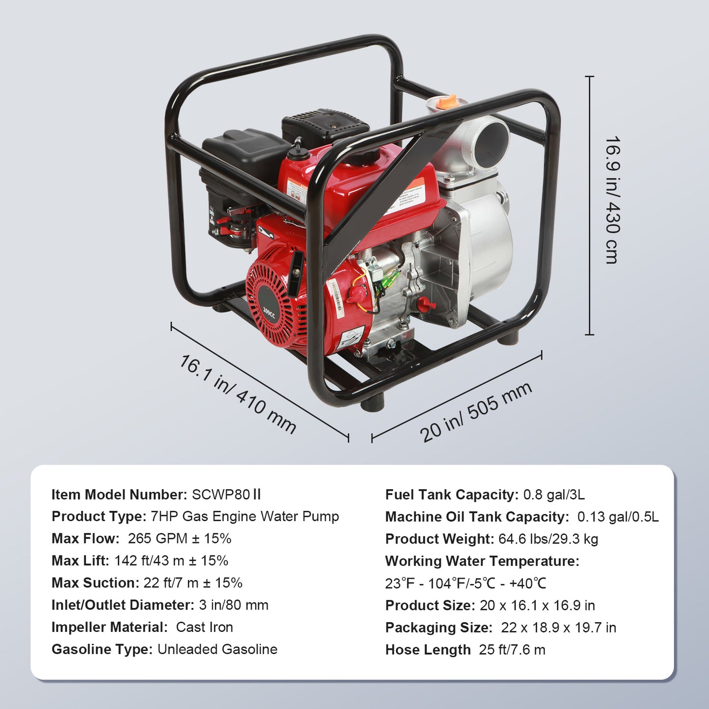 Gasoline Engine Water Pump, 3-inch, 7HP 265 GPM, 142ft Lift, 22ft Suction, 4-Stroke Gas Powered Trash Water Transfer Pump Portable High Pressure with 25ft Hose for Irrigation Pool, EPA Certified
