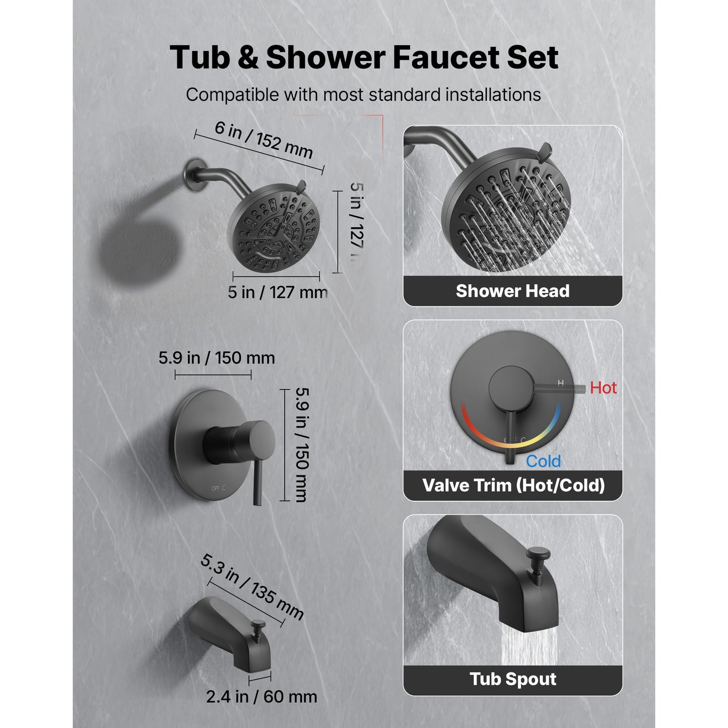Tub and Shower Faucet Set with 5 in. 8-Setting Shower Head and Bathtub Spout, Single-Handle Trim Kit, Matte Black