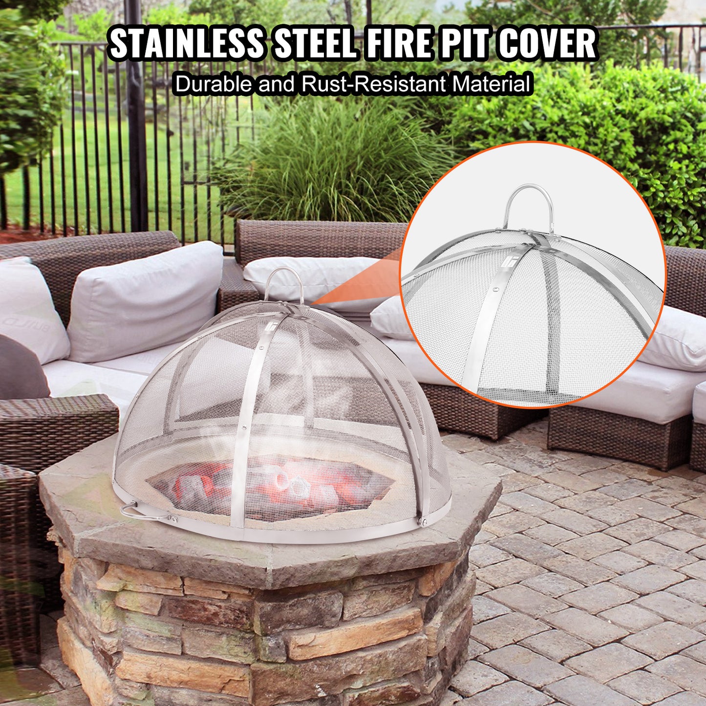 Fire Pit Spark Screen 36 in. Round Reinforced Stainless Steel Mesh Cover with Ring Handle for Outdoor Patio Backyard