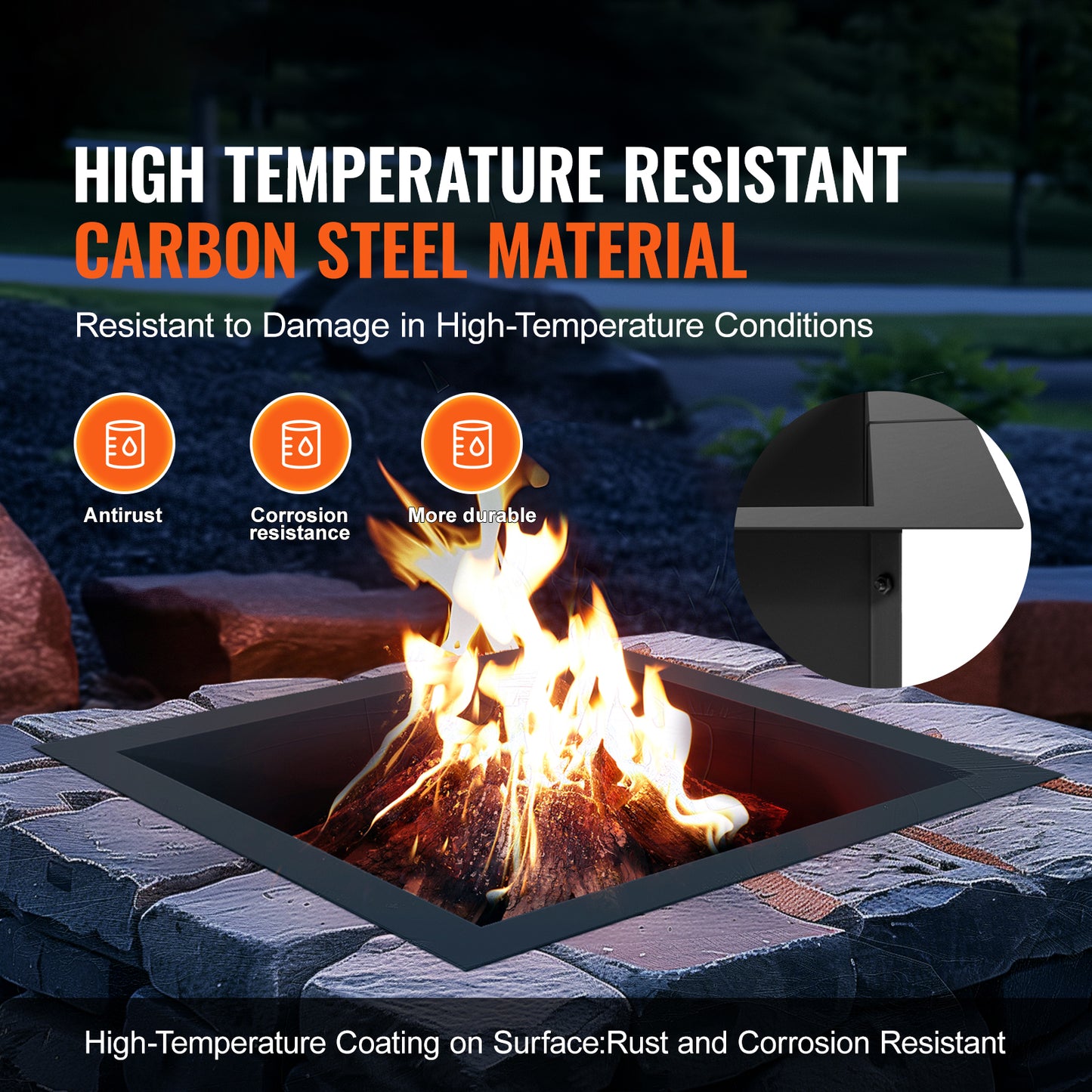36 x 36 in. Square Fire Pit Ring, 30 x 30 in. Inner, 10 in. Tall Carbon Steel Fire Pit Insert for DIY Campfire