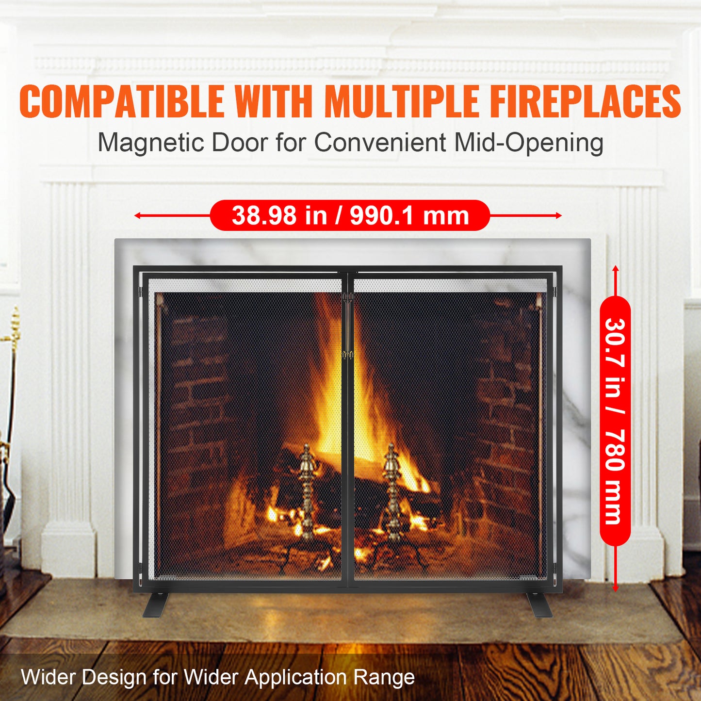38.98 x 30.7 in. Modern Iron Mesh Fireplace Screen with Door, Black Spark Guard Cover Free Standing Fire Fence