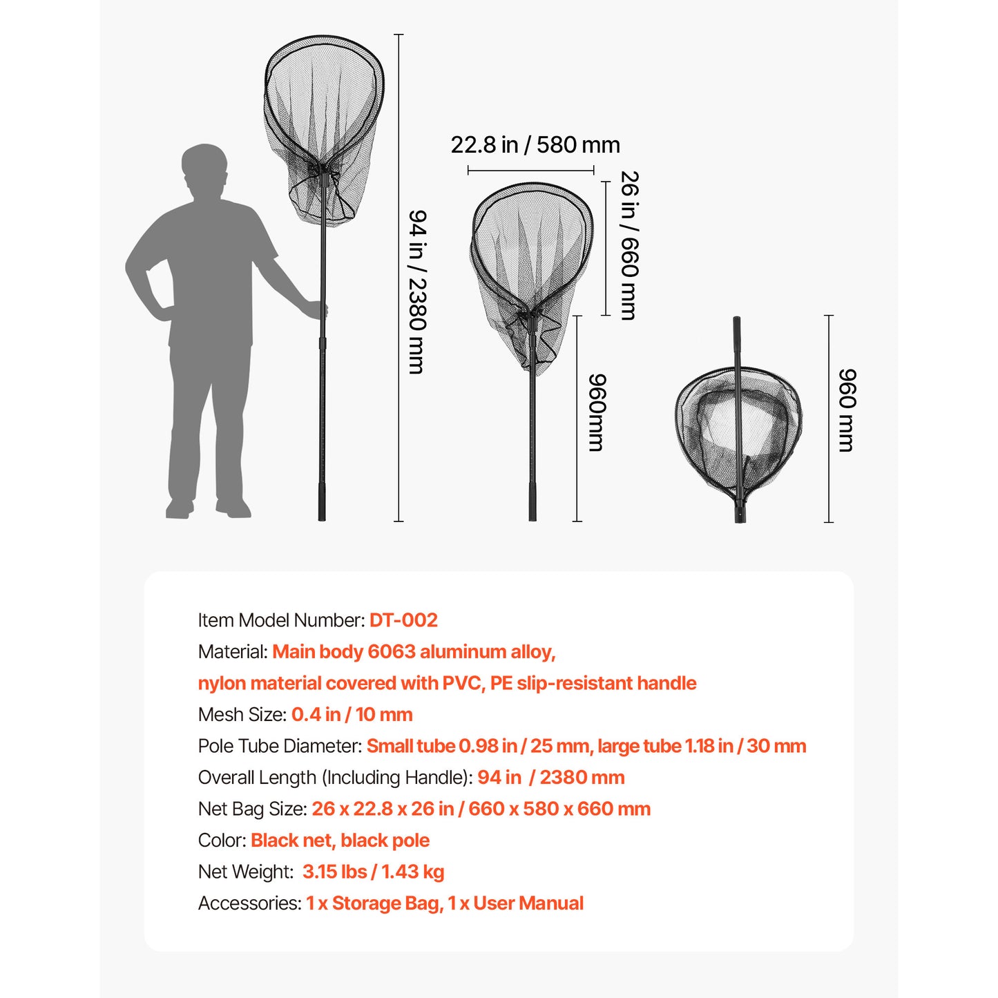 Fishing Net with Telescopic Handle, 26 in. Net Opening, 6063 Aluminum Pole, Nylon PVC Landing Net