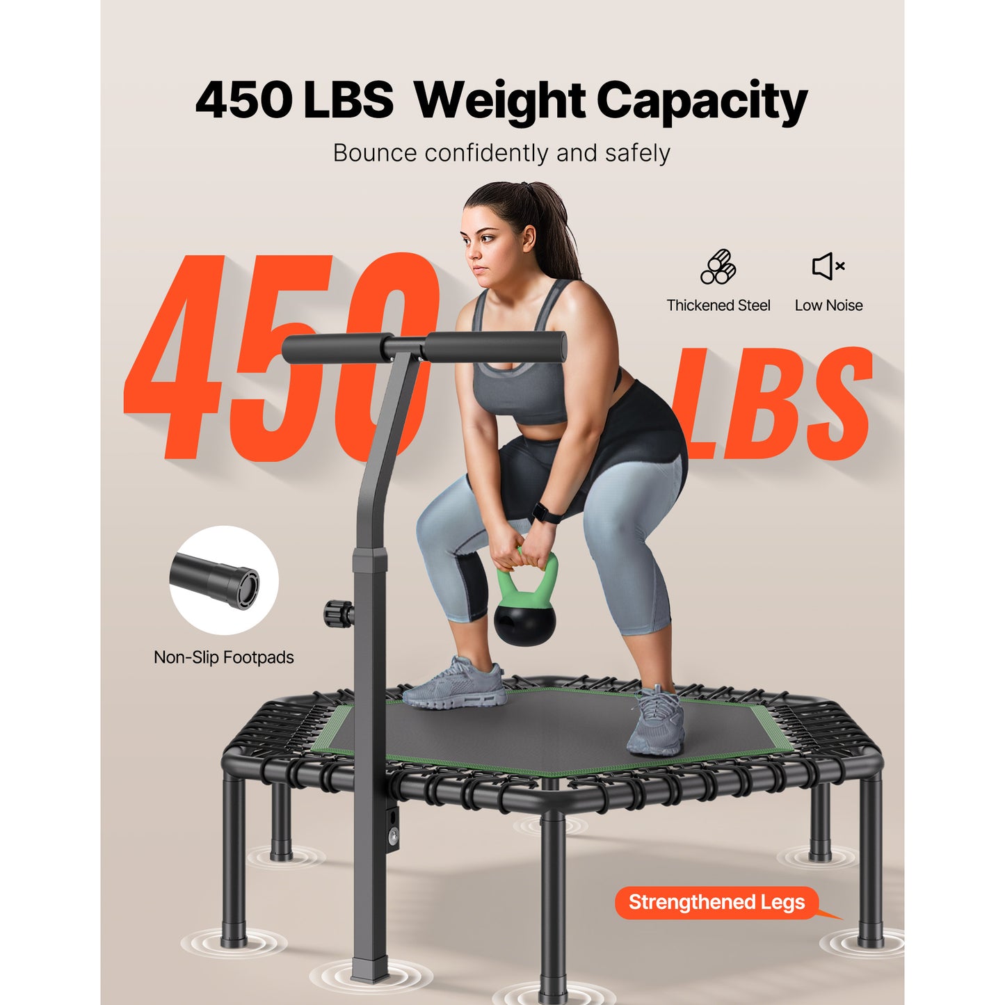 54.5 in. Mini Trampoline, 450 lb. Fitness Rebounder with 3-Level Adjustable Handle and Foam Grip