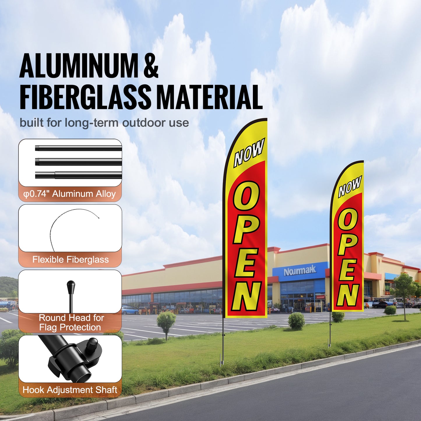 16.3 ft. Open Flag Pole Kit, 2-Pack Swooper Advertising Flags with Poles and Ground Stakes for Storefronts