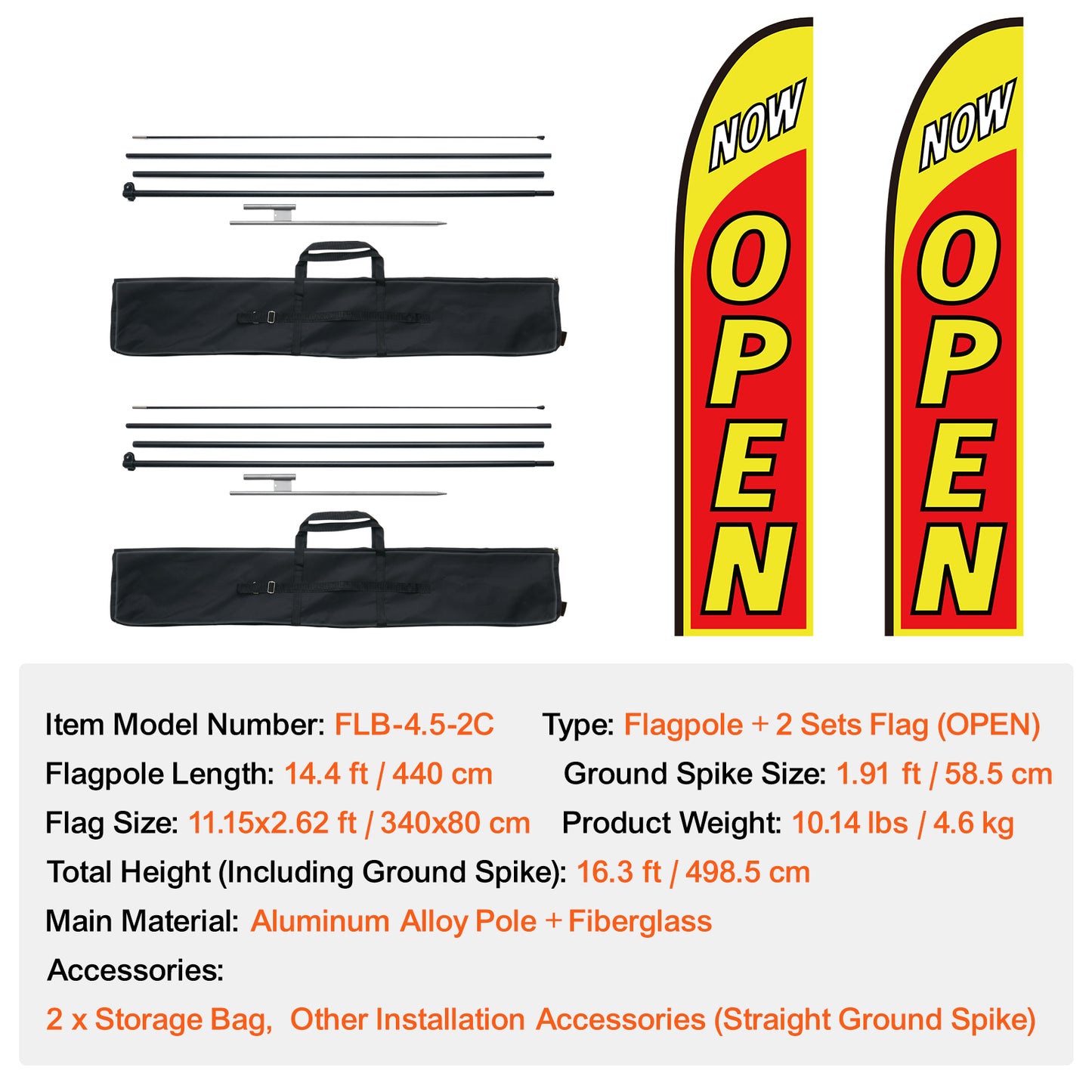 16.3 ft. Open Flag Pole Kit, 2-Pack Swooper Advertising Flags with Poles and Ground Stakes for Storefronts