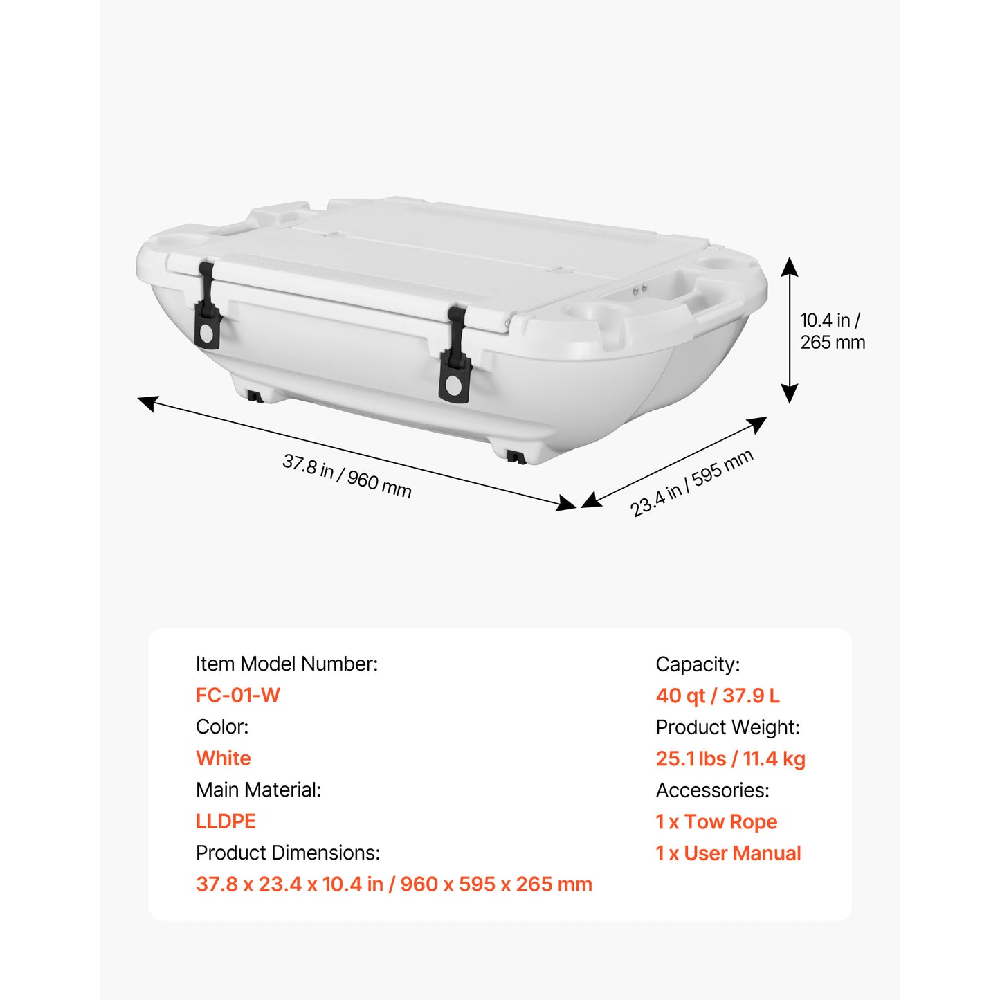 40 Qt. Floating Cooler with Tow Rope, Dry Storage, LLDPE Amphibious Drink Cooler for Lake River Pool Kayak, White