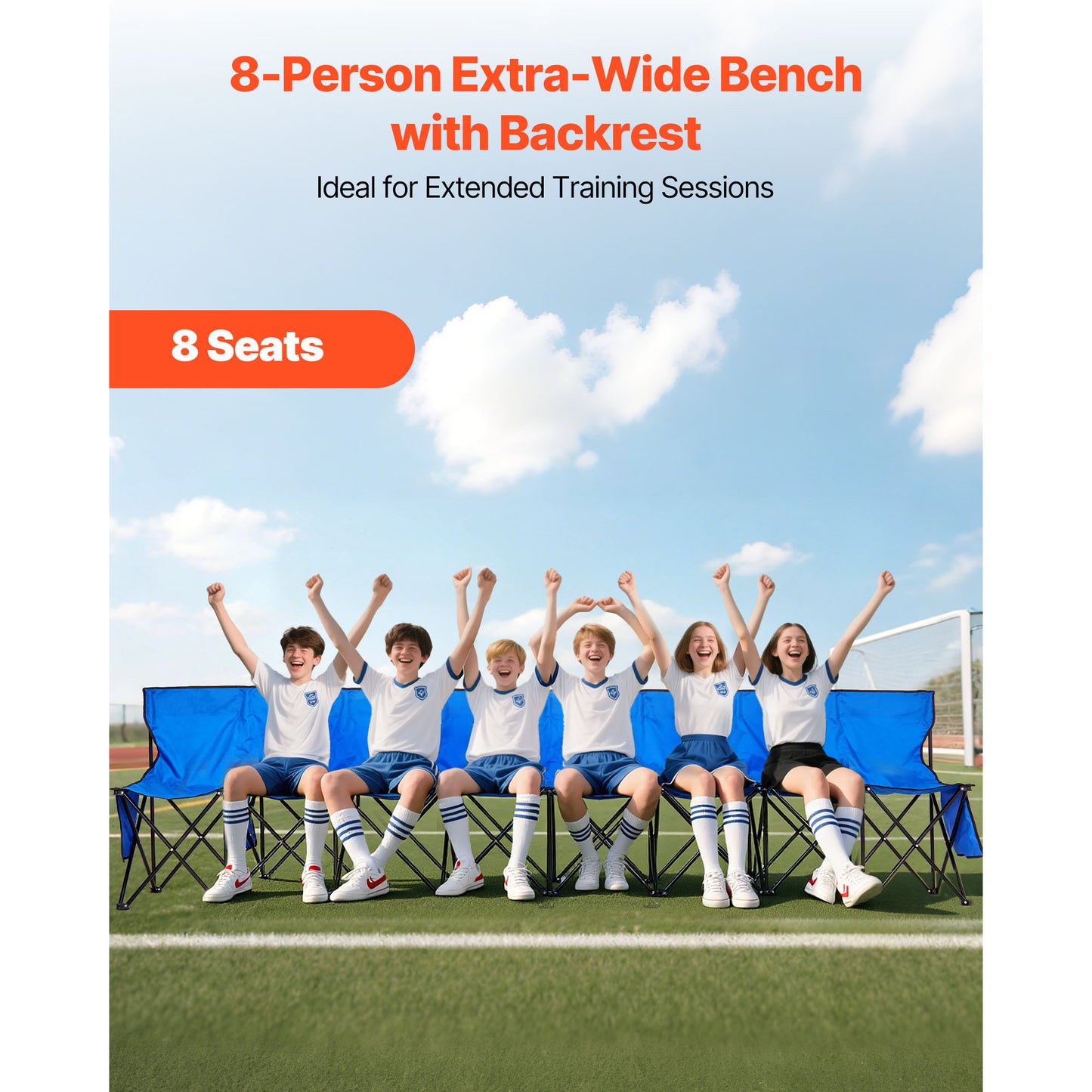 Portable Folding Bench 8-Seat, 600D Oxford Sideline Bench with Back Rest, Side Pockets  Carry Bag, Soccer