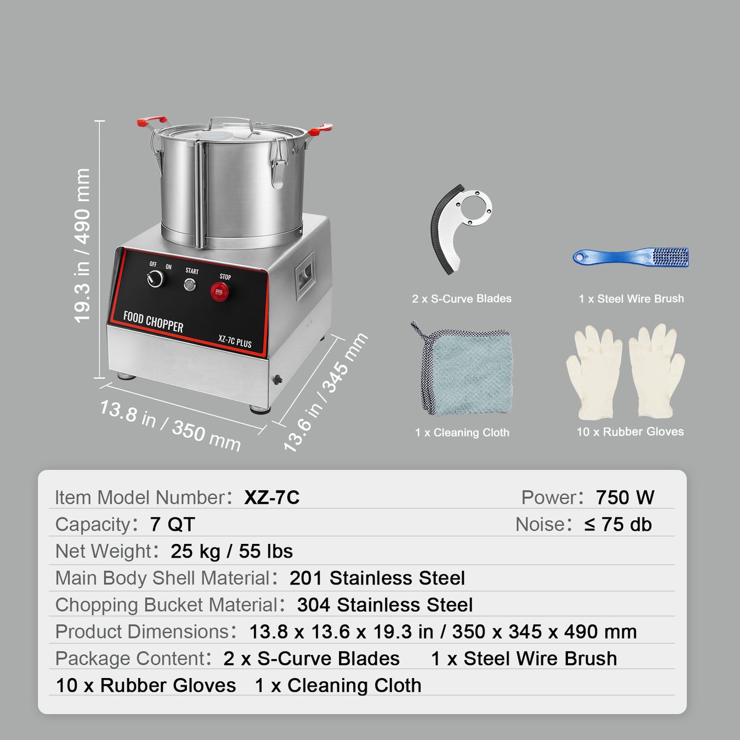 Food Processor 7 qt. Commercial, 750W Vegetable Chopper, Food-Grade Stainless Steel, 2 Extra S-Blades, Multifunction