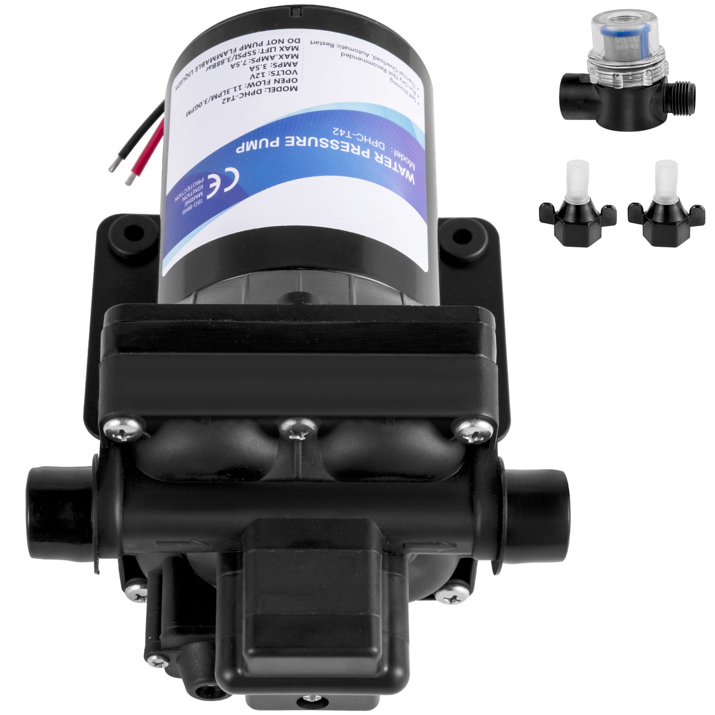 Fresh Water Pump, 12 V Self Priming Sprayer Pump, 3 GPM RV Water Pump, with Pressure Switch 55 PSI Self Priming Water Pump, Detachable Strainer 12V Diaphragm Pump for RV Camper Marine Boat Lawn