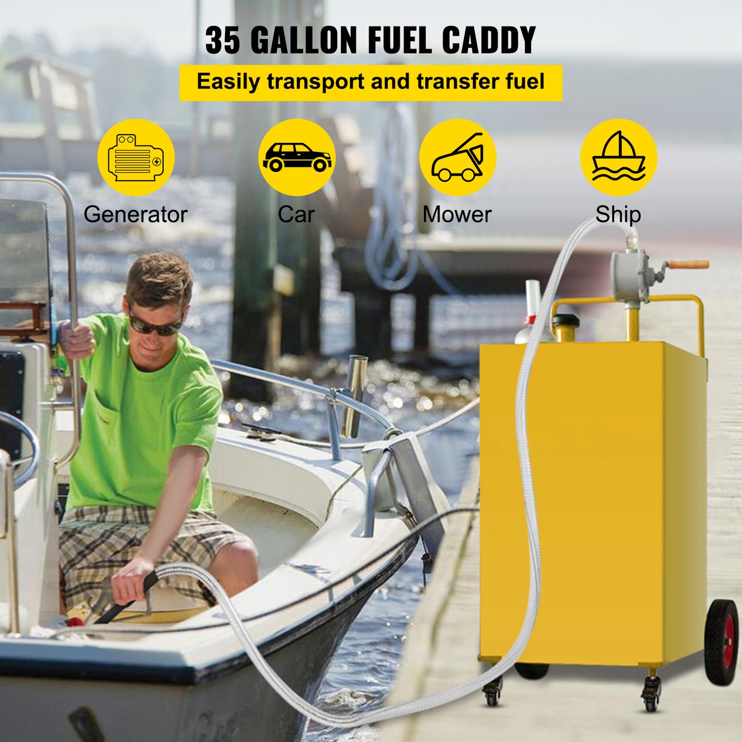 35 Gallon Portable Gas Caddy Carbon Steel Tank Manual Rotary Pump 8.2 ft Hose for Gasoline Diesel Kerosene Yellow