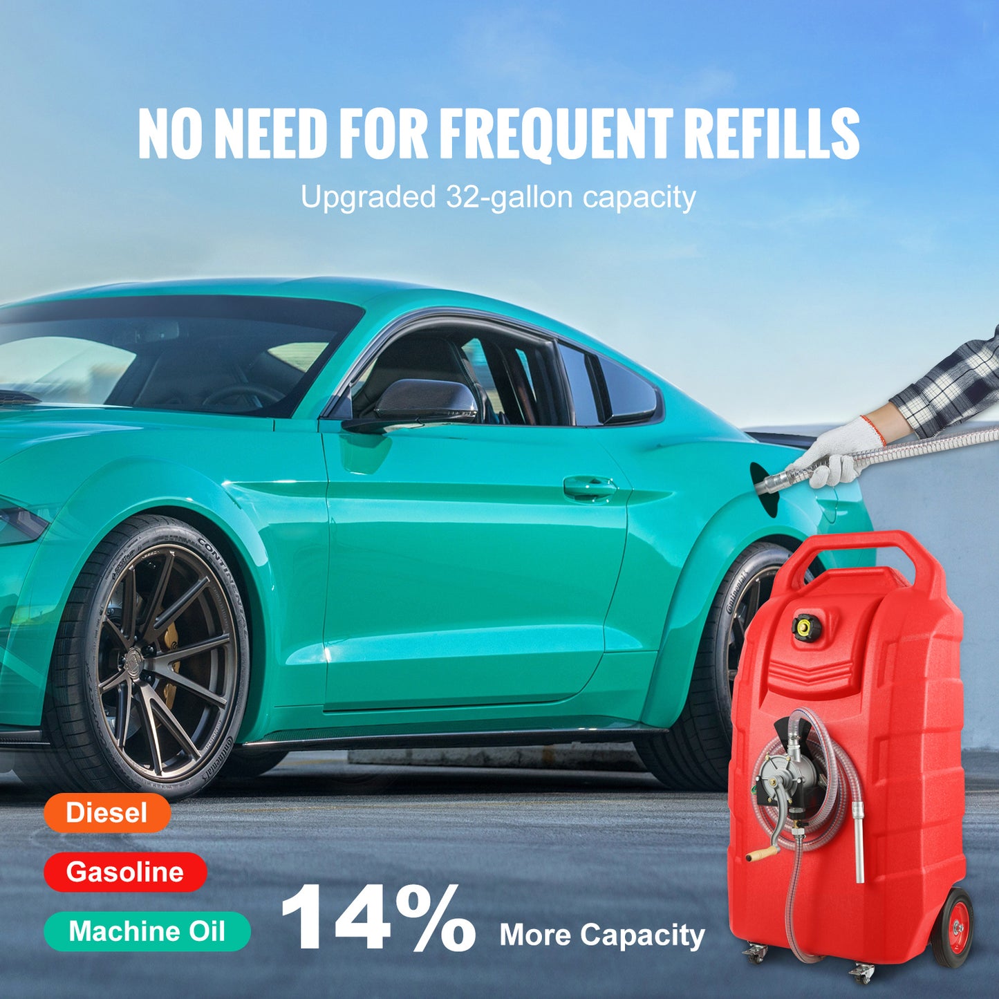 32 Gal. Portable Fuel Caddy on Wheels with 2-Way Rotary Hand Pump, 8.2 ft. Hose, Gasoline Diesel Storage Tank, Red