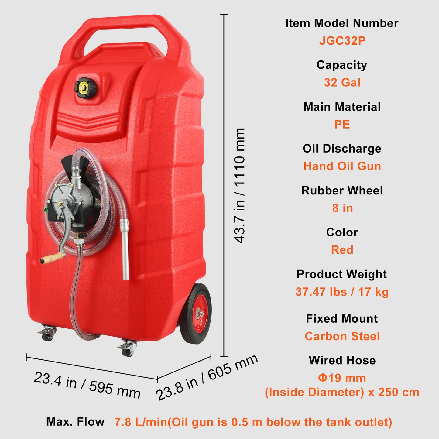 32 Gal. Portable Fuel Caddy on Wheels with 2-Way Rotary Hand Pump, 8.2 ft. Hose, Gasoline Diesel Storage Tank, Red