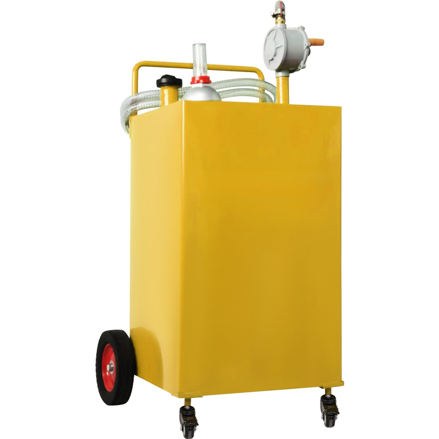 35 Gallon Portable Gas Caddy Carbon Steel Tank Manual Rotary Pump 8.2 ft Hose for Gasoline Diesel Kerosene Yellow