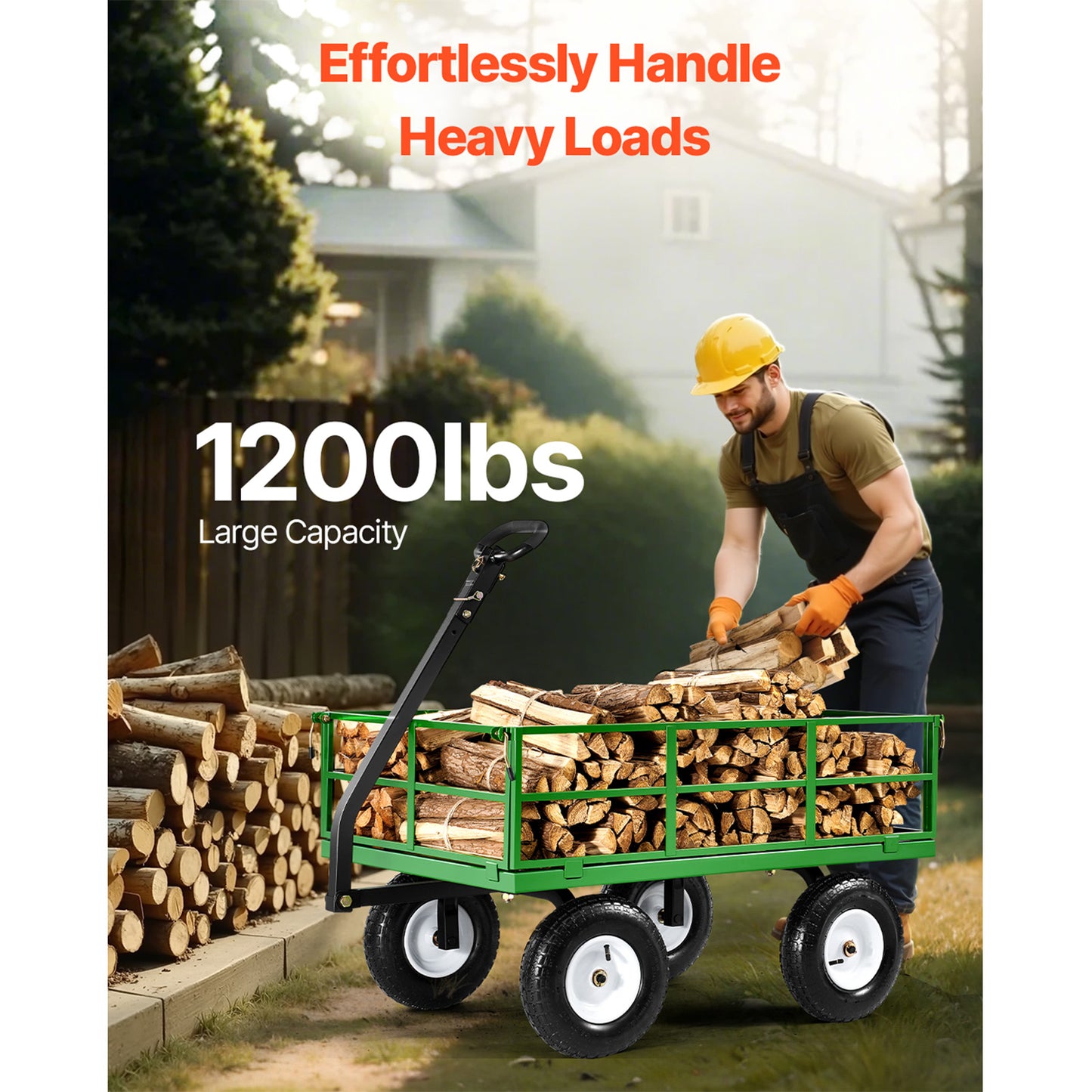 1200 lb. Steel Garden Cart, Heavy-Duty Pullable Wagon, 13 in. All-Terrain Tires, Mesh Sides, 180-Degree Handle