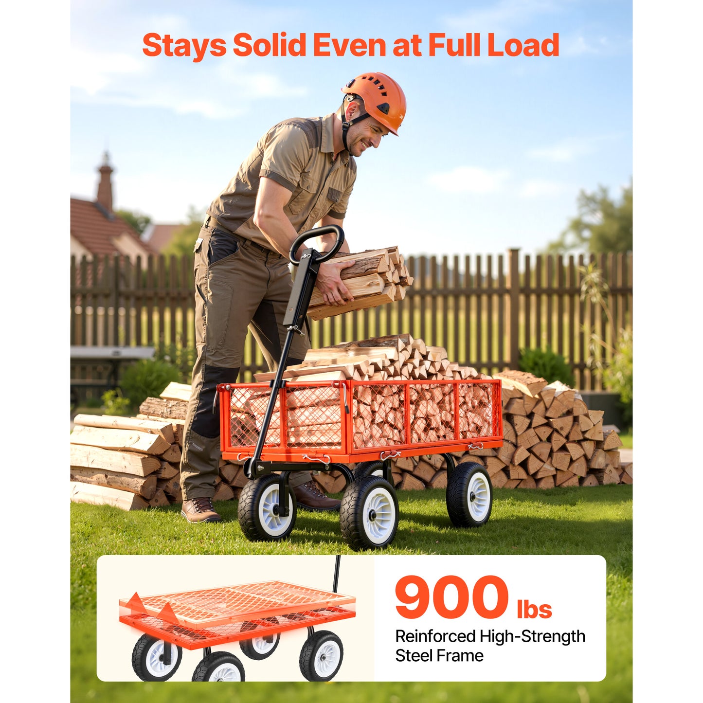 Garden Cart 900 lb. Heavy-Duty Steel Yard Wagon, 10 in. Flat-Free PU Tires, Adjustable Handle, ATV Tractor Tow, Red