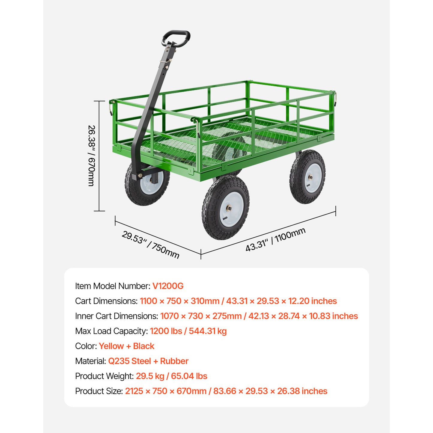 1200 lb. Steel Garden Cart, Heavy-Duty Pullable Wagon, 13 in. All-Terrain Tires, Mesh Sides, 180-Degree Handle