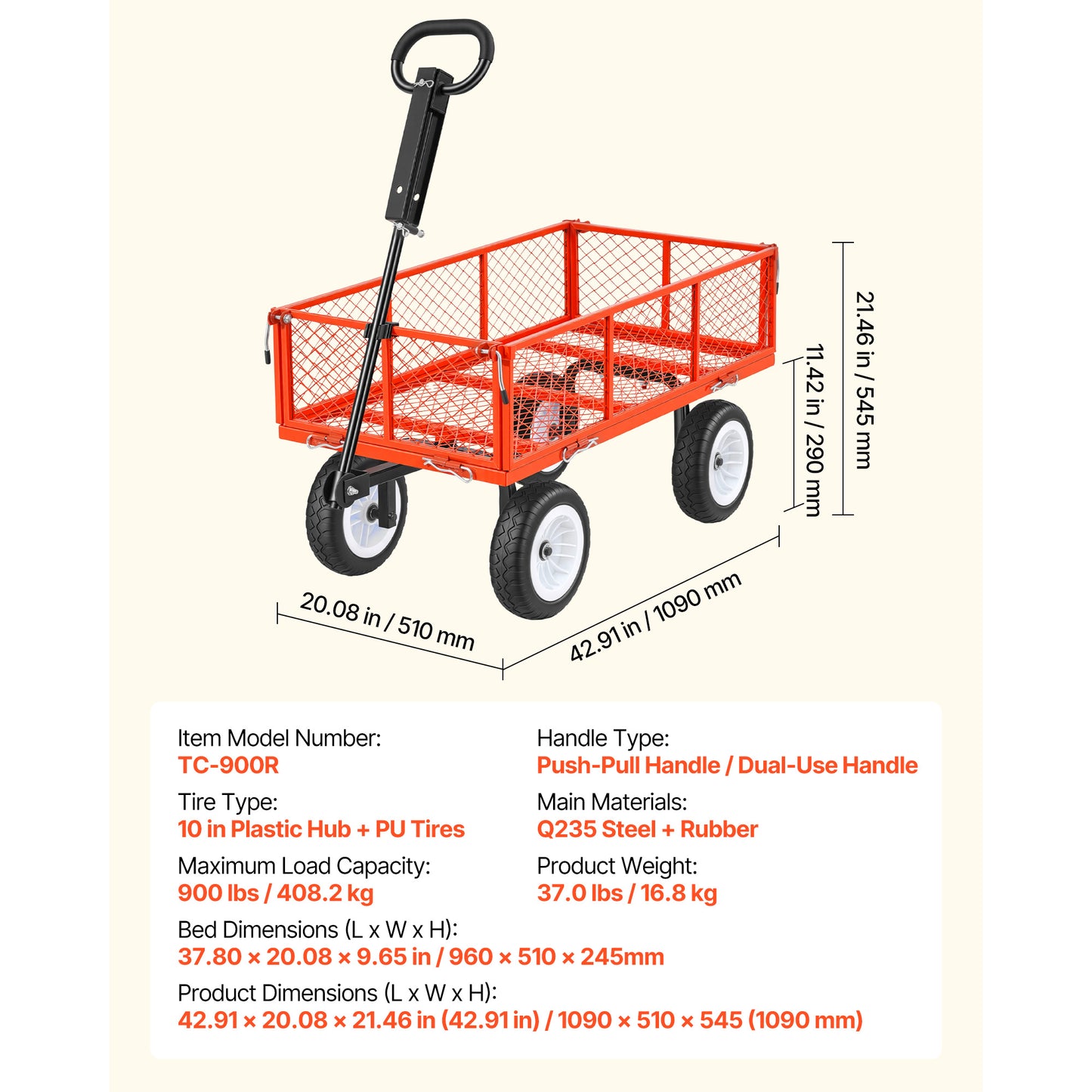 Garden Cart 900 lb. Heavy-Duty Steel Yard Wagon, 10 in. Flat-Free PU Tires, Adjustable Handle, ATV Tractor Tow, Red