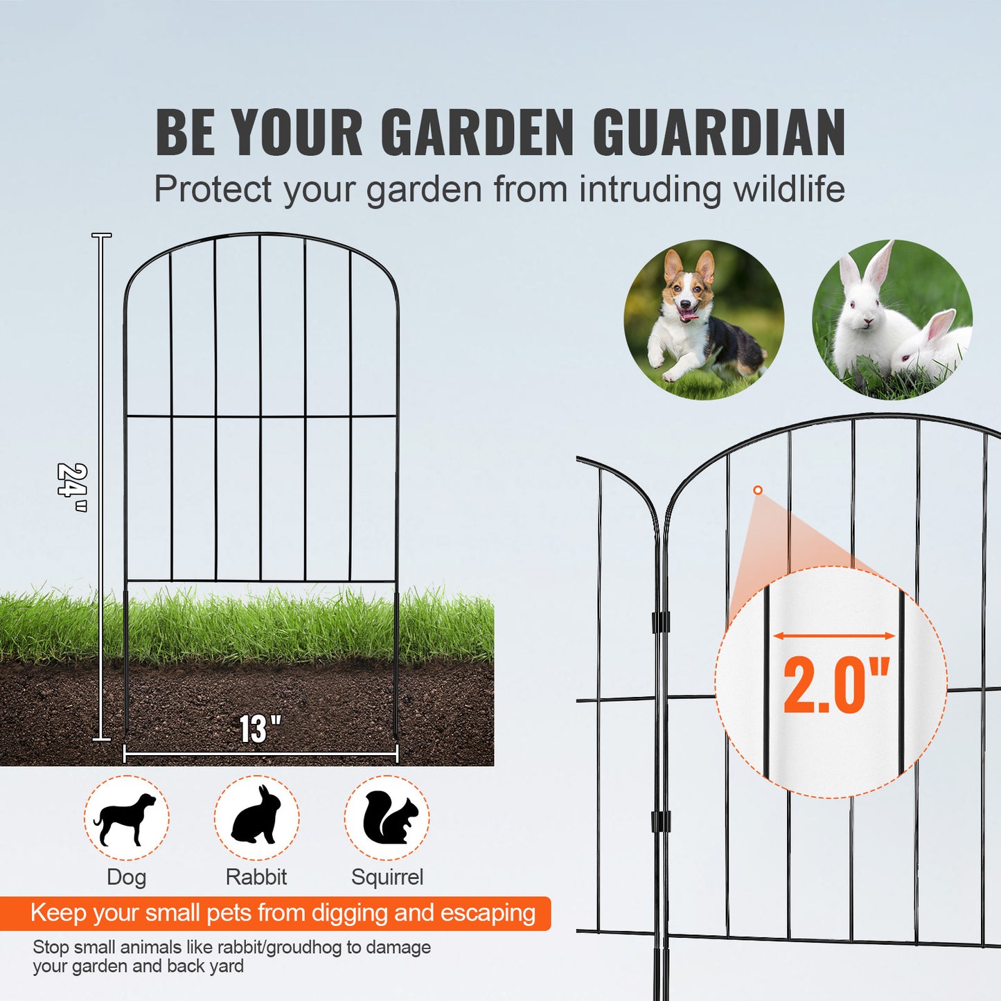 Garden Fence, 24in(H) x30ft(L) Animal Barrier Fence, Underground Decorative Garden Fencing with 2 Inch Spike Spacing, Metal Dog Fence for the Yard and Outdoor Patio, 28 Pack