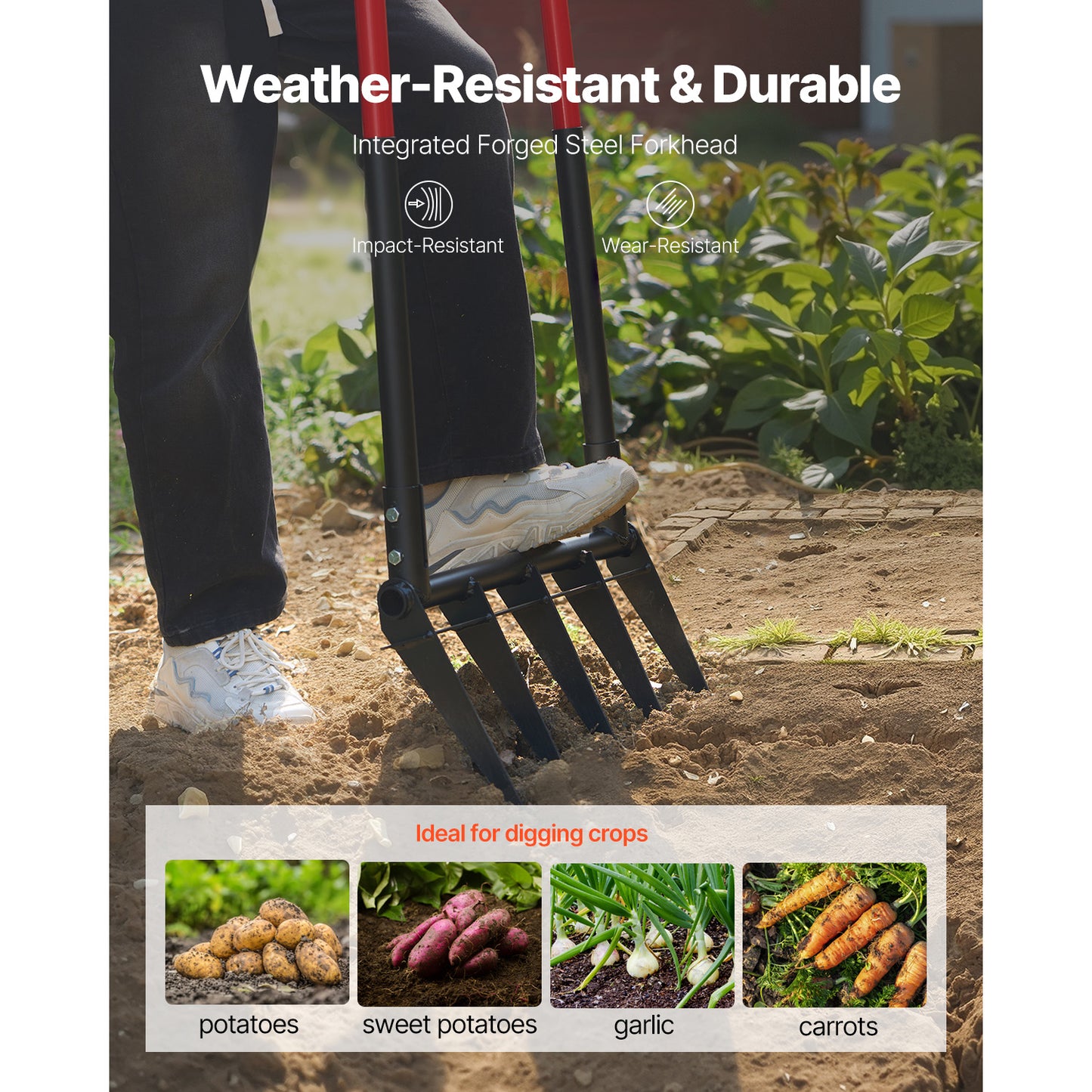 Broad Fork 5-Tine Pitchfork, 54 in. Heavy-Duty Garden Fork, Dual Fiberglass Handles, Forged U-Shape Hand Tiller
