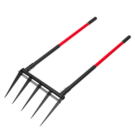 Broad Fork 5-Tine Pitchfork, 54 in. Heavy-Duty Garden Fork, Dual Fiberglass Handles, Forged U-Shape Hand Tiller