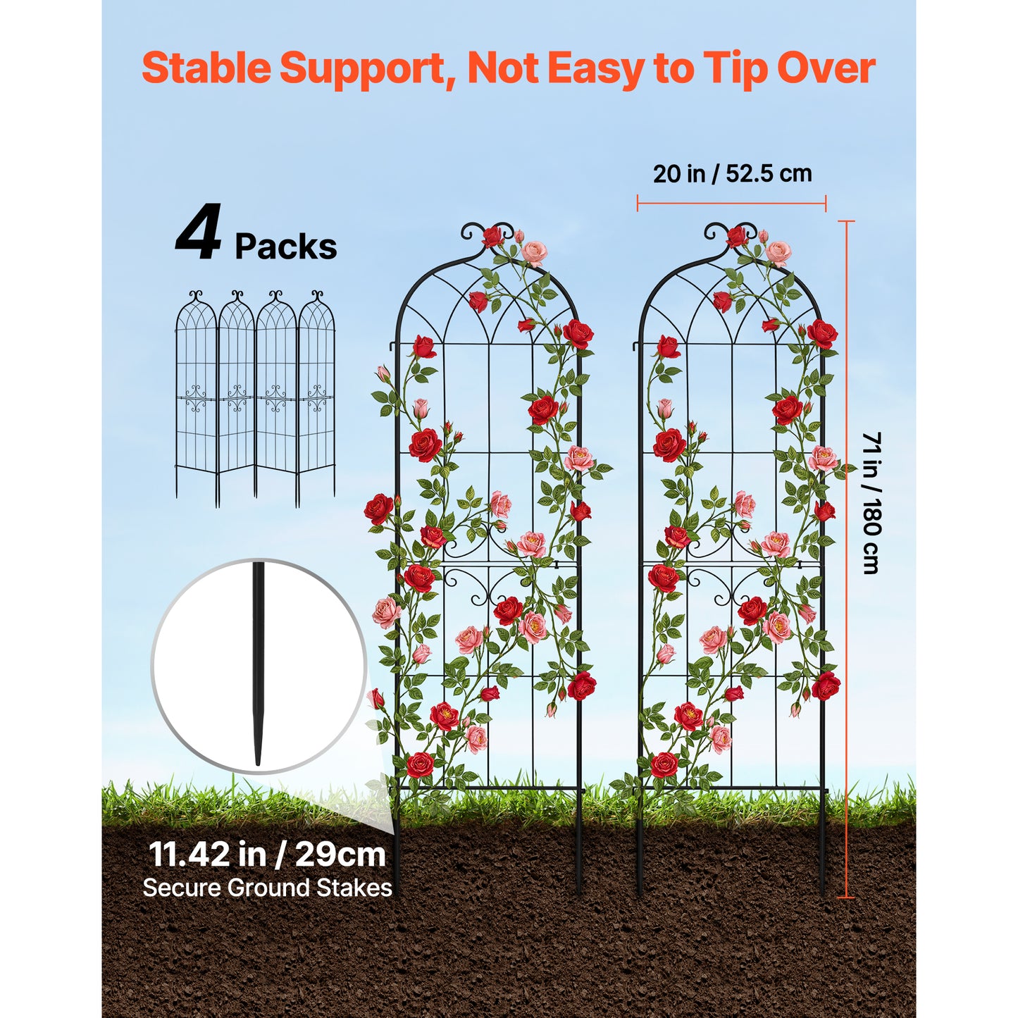 Garden Trellis 4-Pack 71 x 20 in. Tall Rose Trellis, Metal Climbing Plant Support for Vines, Clematis