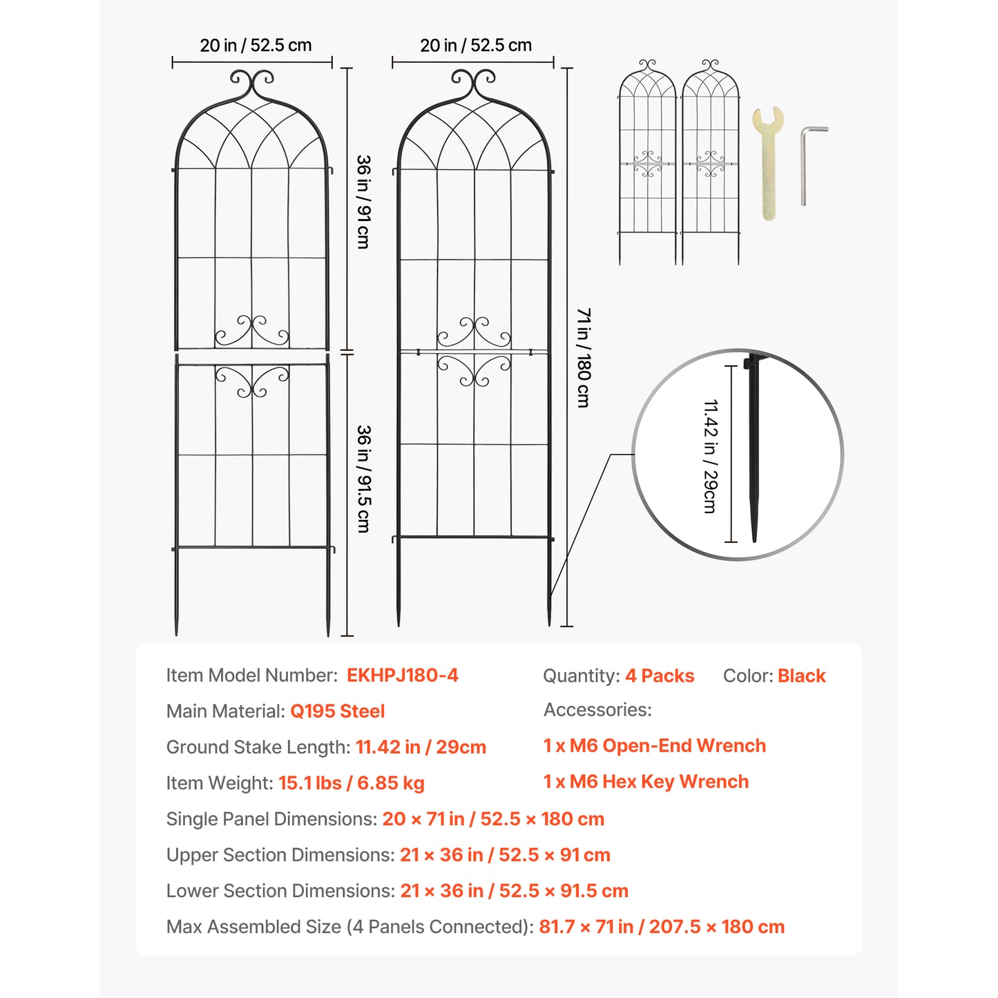 Garden Trellis 4-Pack 71 x 20 in. Tall Rose Trellis, Metal Climbing Plant Support for Vines, Clematis