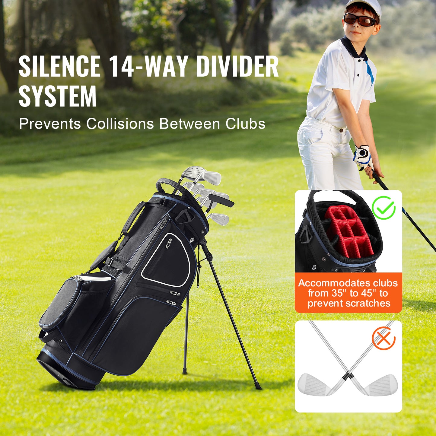 Golf Stand Bag 35 in. with 14-Way Divider Top, 11 Pockets, Reinforced Triangular Stand, Dust Cover, Dual Strap