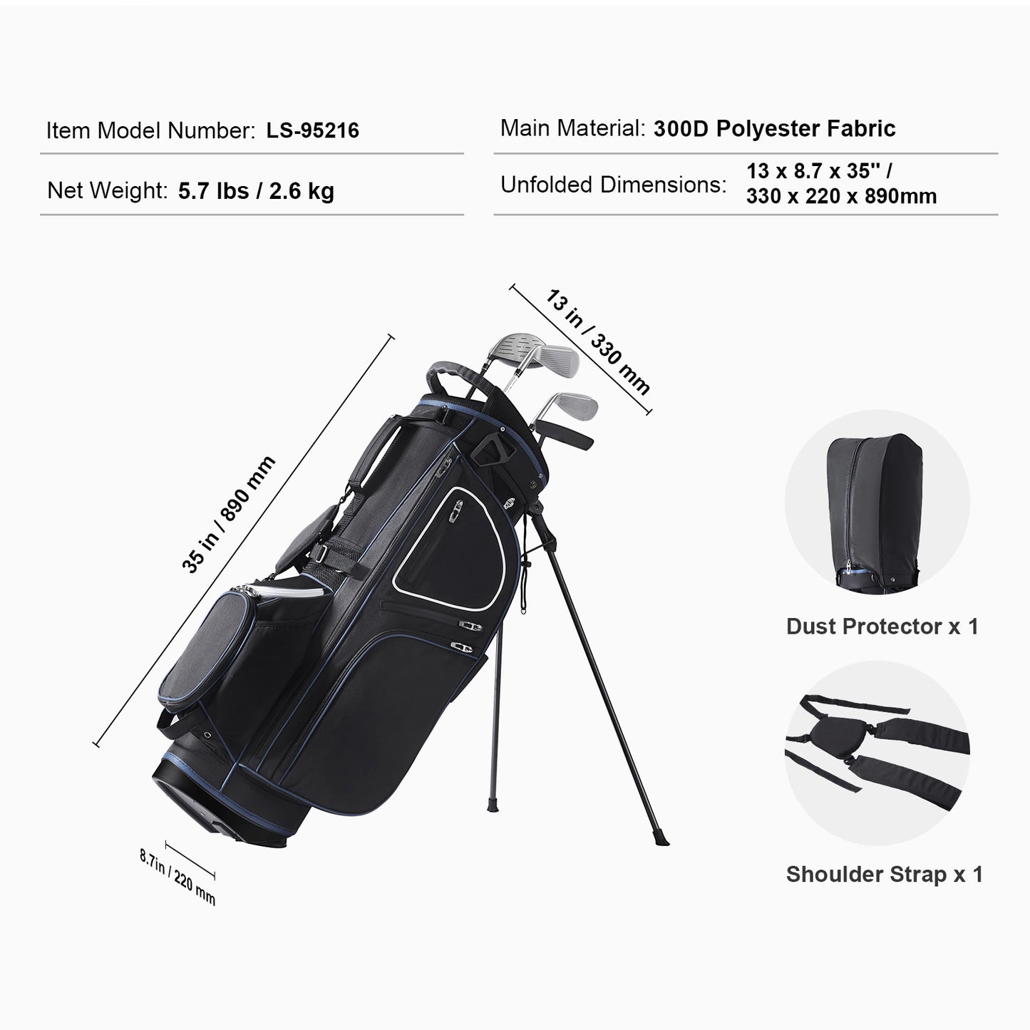 Golf Stand Bag 35 in. with 14-Way Divider Top, 11 Pockets, Reinforced Triangular Stand, Dust Cover, Dual Strap
