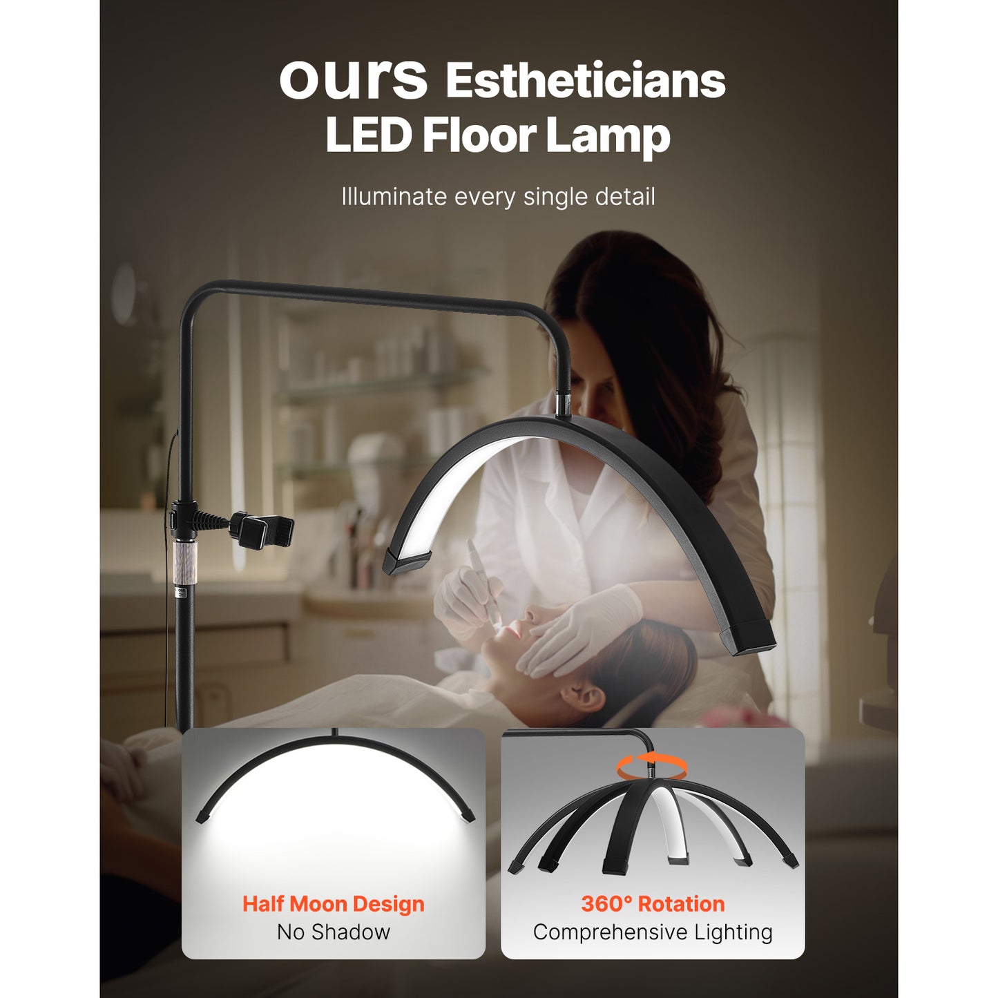 70 In. Black Standard Half Moon LED Floor Lamp , Dimmable Floor Light with Remote  Phone Holder, Arched Esthetician