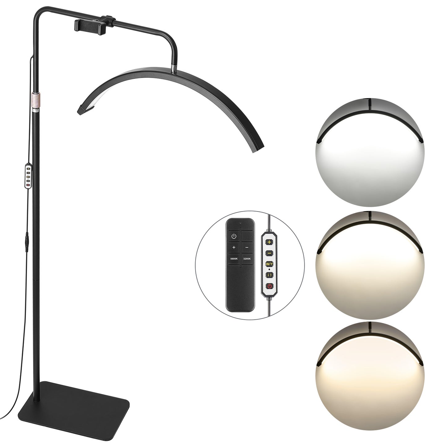 70 In. Black Standard Half Moon LED Floor Lamp , Dimmable Floor Light with Remote  Phone Holder, Arched Esthetician