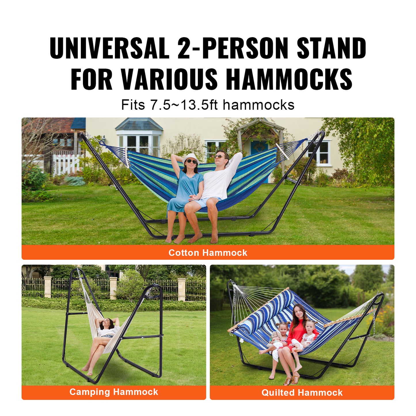 2 Person Hammock Stand, 550 lb. Capacity Heavy Duty Steel Frame Fits 7.5 to 13.5 ft. Hammocks, Portable