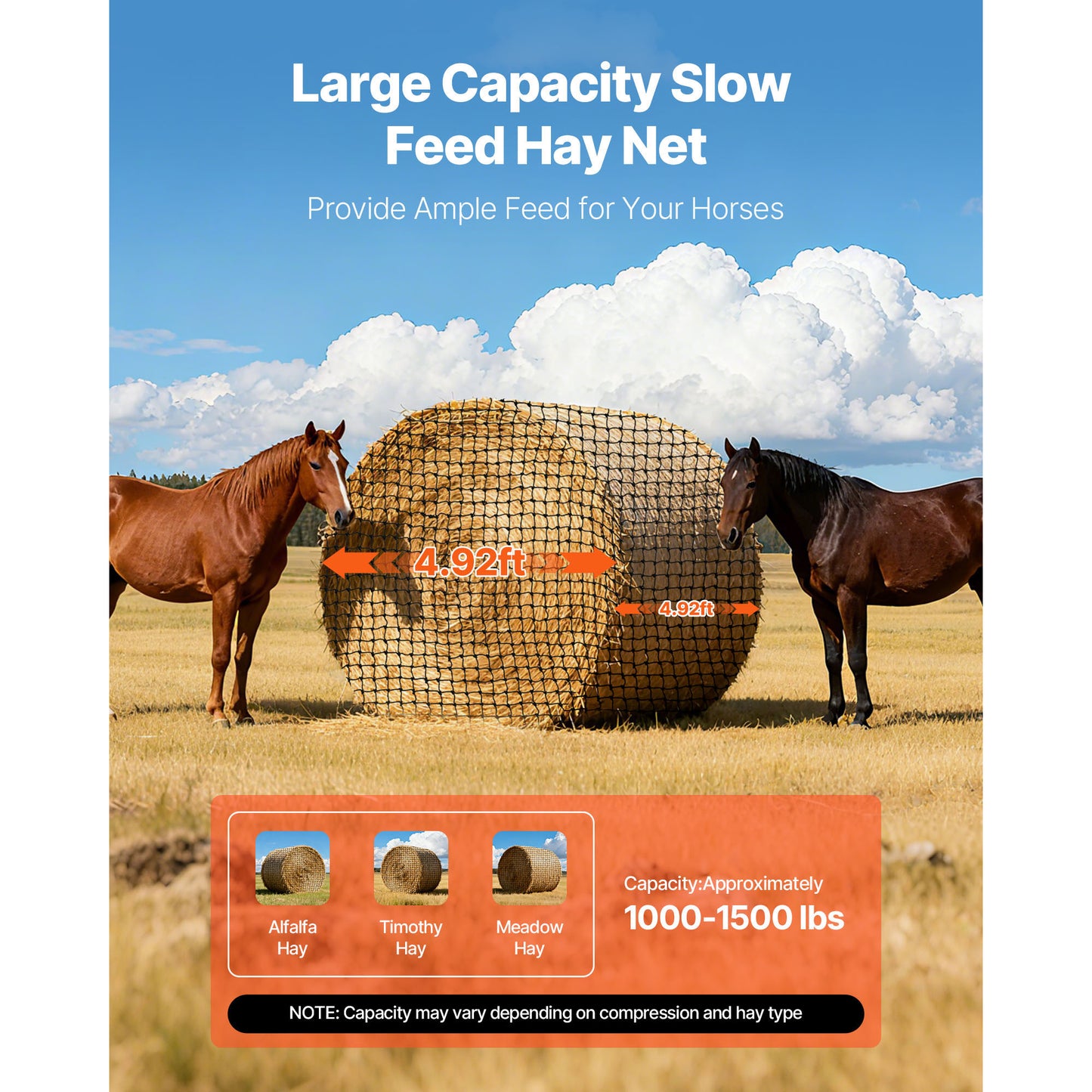 Round Bale Hay Net 4.92 ft. Cube 1.75 in. Holes Reinforced Knotted PE Slow Feeder for Horses with Repair Kit