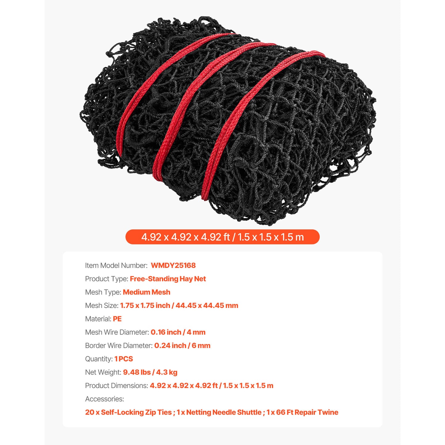 Round Bale Hay Net 4.92 ft. Cube 1.75 in. Holes Reinforced Knotted PE Slow Feeder for Horses with Repair Kit