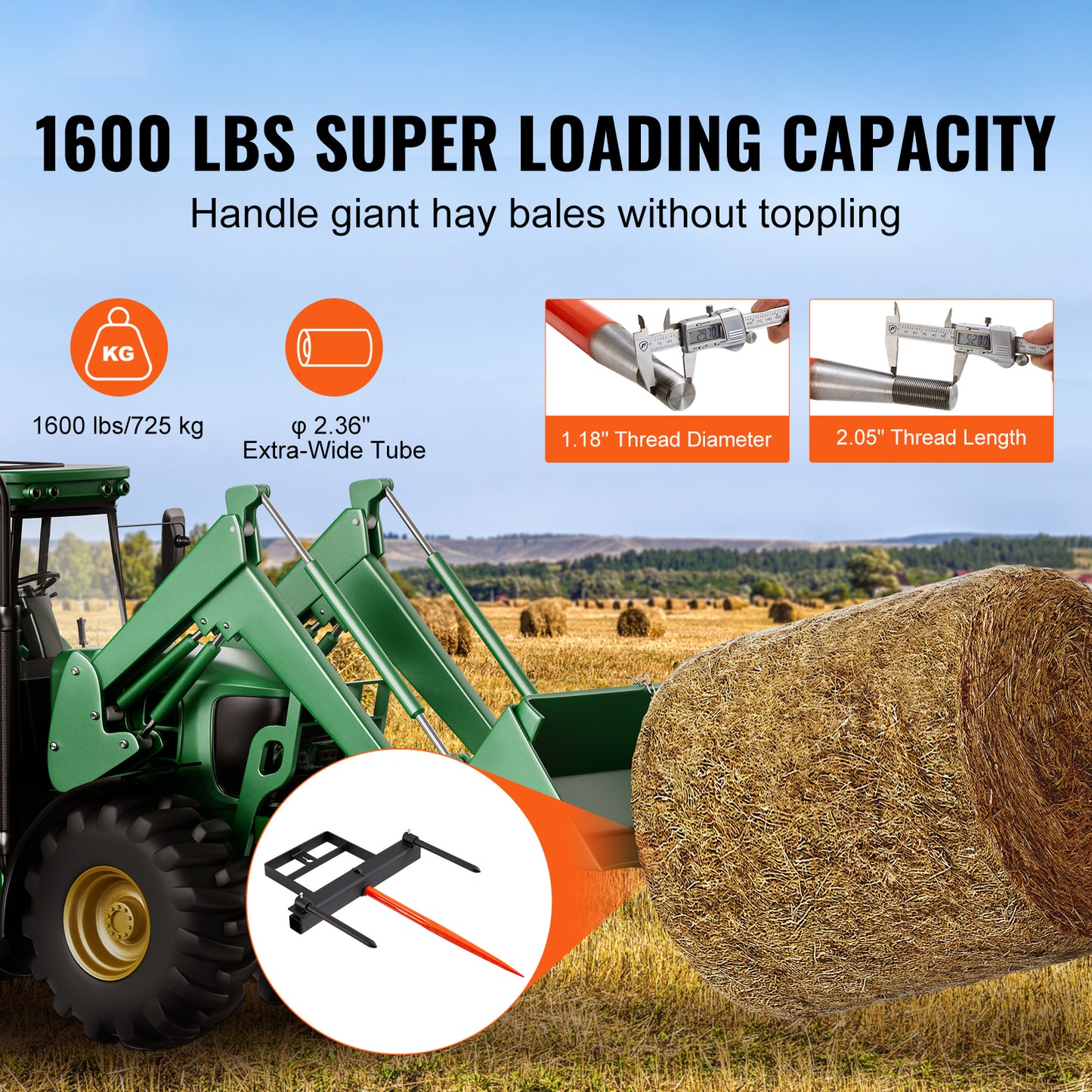 39 in. Hay Spear Bale Spear 1600 lb. Capacity Skid Steer Loader Bucket Attachment 2 Stabilizer Spears 60 in. Chain