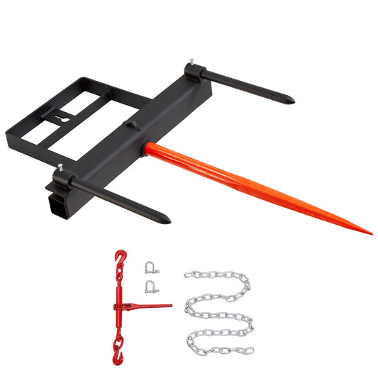 39 in. Hay Spear Bale Spear 1600 lb. Capacity Skid Steer Loader Bucket Attachment 2 Stabilizer Spears 60 in. Chain