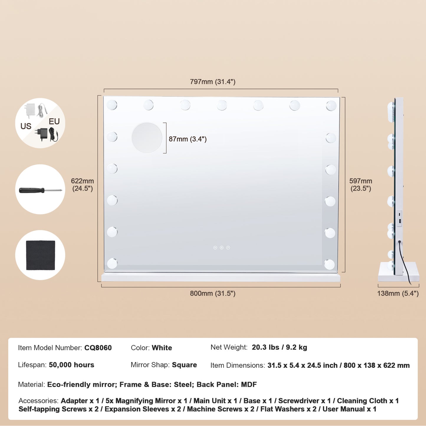 Hollywood Vanity Mirror with Lights, 31.5 x 23.6 in. Makeup Mirror, 3 Color Modes, 5X Magnification, USB  Type C