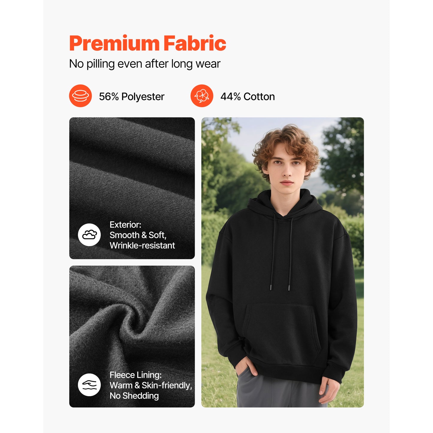 Mens Pullover Hoodie 3XL, Fleece Hooded Sweatshirt, 56% Polyester 44% Cotton, Large Pocket, Black