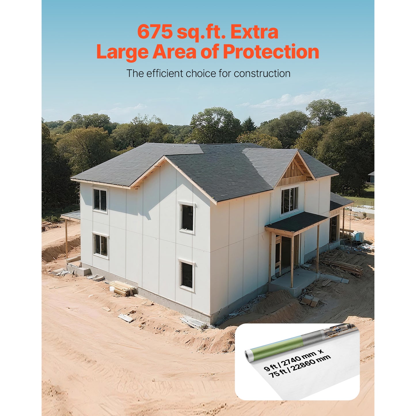 House Wrap, 9 x 75 ft, 0.13 mm Thick Vapor Barrier, Heavy Duty Plastic Sheeting for Tear-resistant, Drop Cloth Vapor Barrier Covering for Residential  Commercial Construction, White