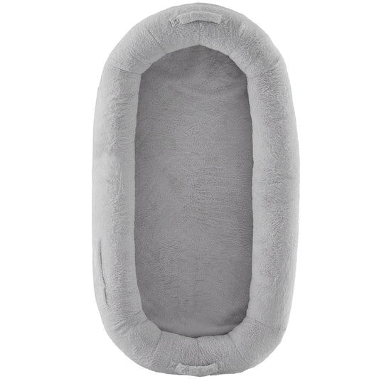 Human Dog Bed 67.7 x 35 x 9.8 in., Washable Faux Rabbit Fur Cover, Egg Crate Foam, Storage Pockets, Light Grey