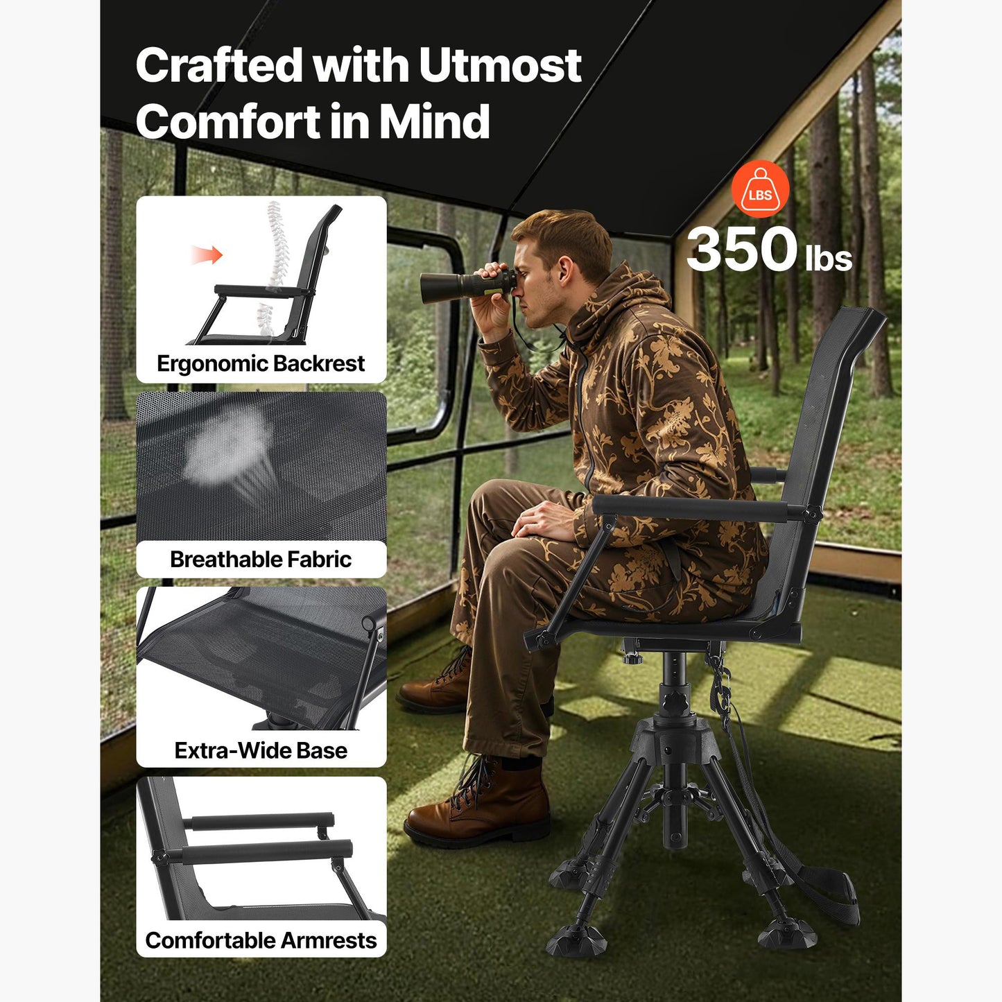 Hunting Chair 360¡ã Silent Swivel, 350 lb. Foldable Blind Chair with Armrests, Anti-Sink Feet, 5-Level Height Adjustable