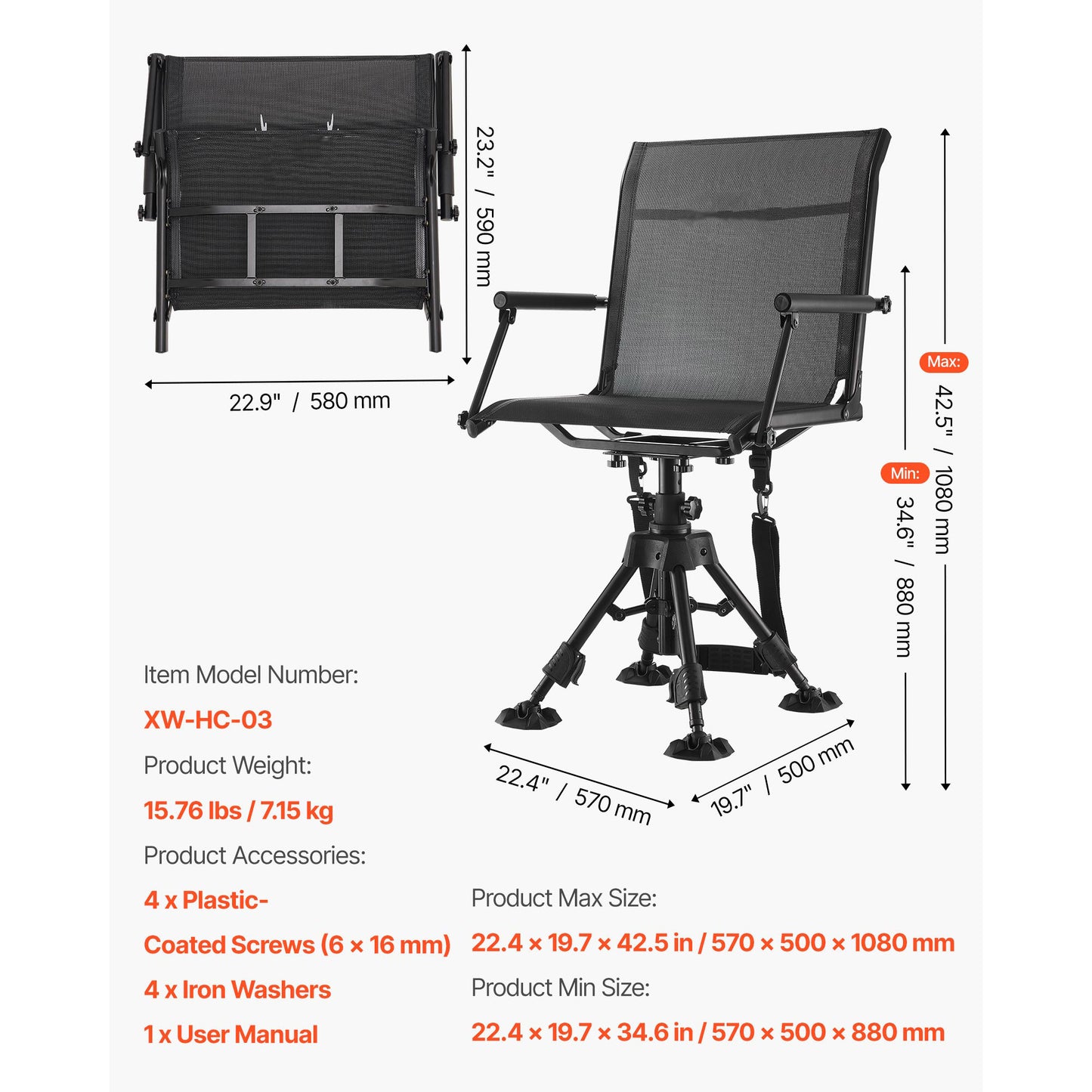 Hunting Chair 360¡ã Silent Swivel, 350 lb. Foldable Blind Chair with Armrests, Anti-Sink Feet, 5-Level Height Adjustable
